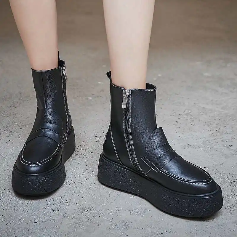 Krazing Pot/высококачественные модные красивые женские зимние теплые ботильоны из натуральной кожи с круглым носком на высоком толстом каблуке; L53