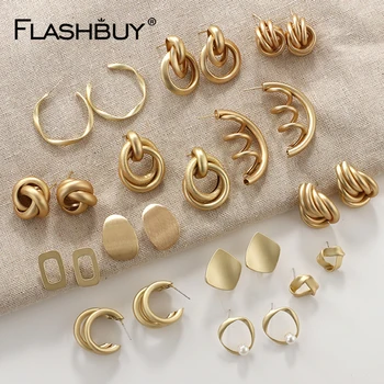 

FLASHBUY Trendy Gold Alloy Earrings For Women Fashion Unique Geometric Vintage Statement Earrings Wedding Jewelry Accessories