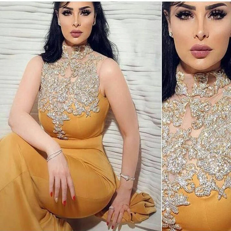 Арабское платье для выпускного вечера с высоким воротом без рукавов Золотое vestido de festa longo de luxo Формальное вечернее платье на заказ большие платья для матери невесты