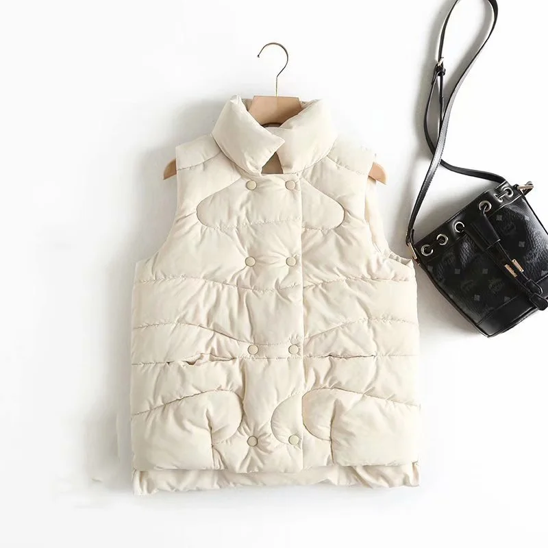 Autumn Winter Vest Solid Collar Double-Breasted Cotton Vest Jacket Female Casual Warm Vests Women's Sleeveless Jacket Coat