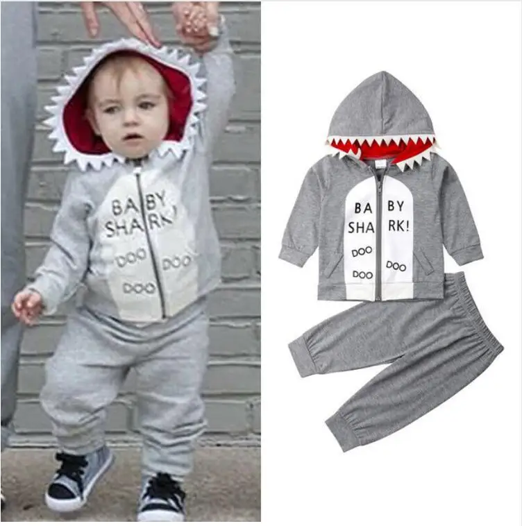 

2019 Autumn And Winter New Style Baby Children Long-sleeve Suit Shark Hooded Zip-up Jacket + Trousers Set Se259a