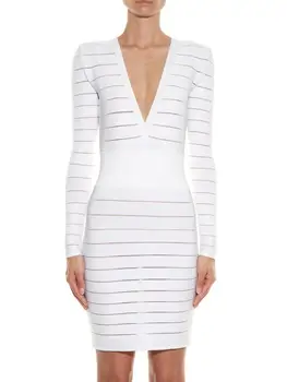 

High Quality Women Sexy Long Sleeve White Rayon Bandage Dress Ladies Designer Jacquard Evening Mini Party Dress Vestido