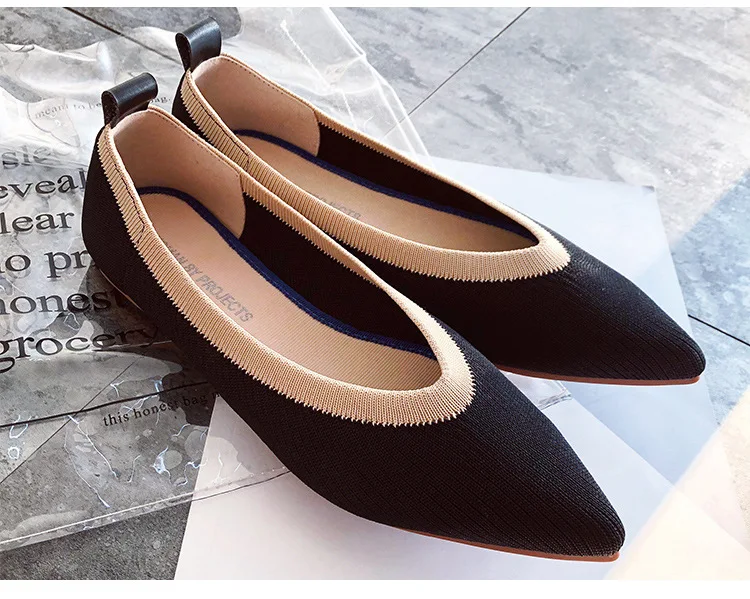 Женская повседневная обувь дышащая вязаная обувь на мягкой плоской подошве весенняя обувь на плоской подошве с острым закрытым носком, размер 35-40, Ballerine Femme - Цвет: 5008-Black