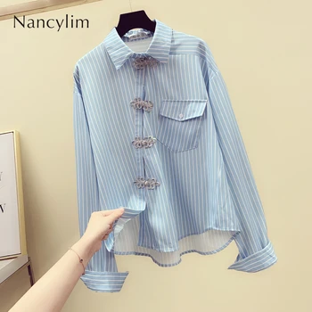 

2019 Autumn Stripe Blouse Woman New Long-sleeved Personality Buttons Lapel Blusas Women's Pocket Shirt Top Female Lady Shirts