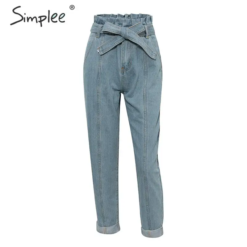 Simplee Ruffled high waist women jeans Sash bow tie zippers female denim trousers Casual slim autumn winter ladies pants 2019 |