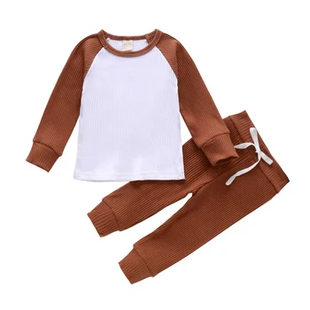 

Autumn Children's Clothing Knitted Pit Stripe Contrast Color Blouse Long Sleeves Trousers Two-piece Suit*1