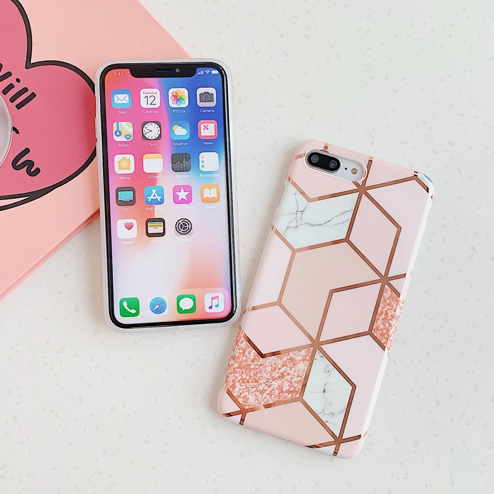 LOVECOM Plating Geometric Phone Case For iPhone 13 Pro Max 11 12 Pro Max XR XS Max 7 8 Plus X Soft Marble Phone Back Cover Cases