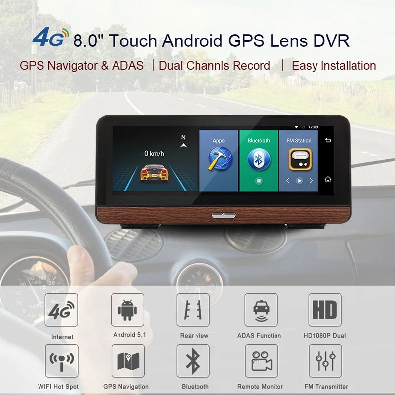 

Camlive Car Mirror Recorder 8 Inch 4G Adas Dual Cams Hd1080P Gps Navi Bluetooth Wifi Android 5.1 Dashboard Mirror Car Camera