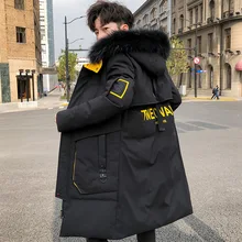 Зимнее длинное пальто для мужчин модная Толстая теплая хлопковая стеганая меховая парка с длинным капюшоном Мужская ветровка Хип-хоп пуховик для мужчин