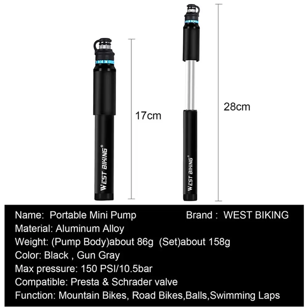 Black A#S Details about / WEST BIKING Bicycle Mini Pump Presta//Schrader Valve Tire Inflator