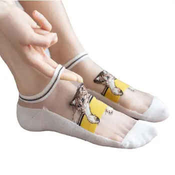 

Women Girls Summer Glass Fiber Mesh Short Boat Socks Cute Cartoon Cat Jacquard Ultra-Thin Shallow Mouth Casual Hosiery