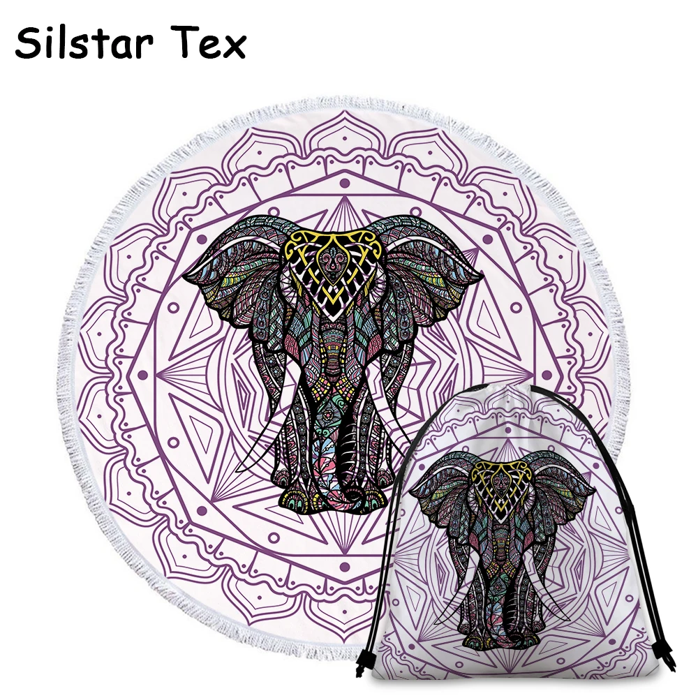 

Silstar Tex Round Large Microfiber Fabric Beach Towel For Adult Kids Elephant Tassel Bath Towel Mandala Tapestry Blanket