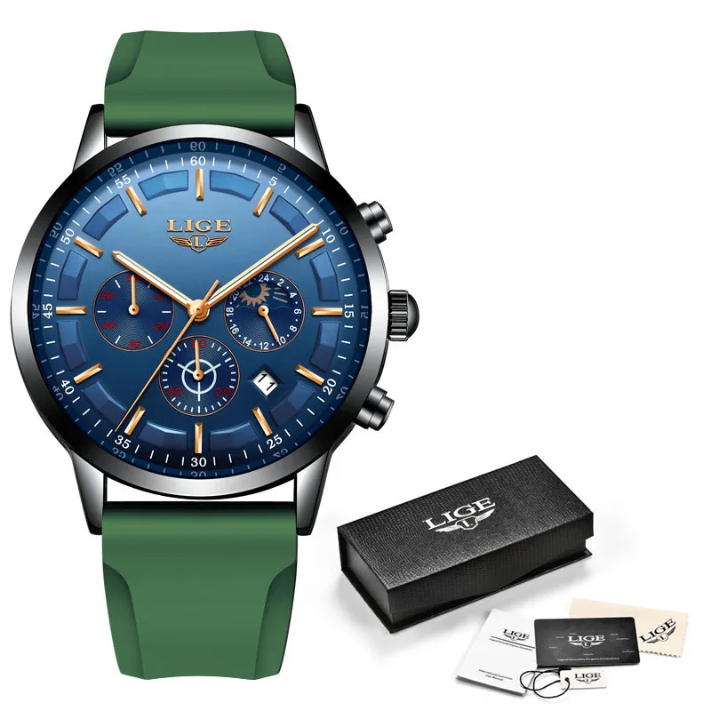 Green blue LIGE мужские часы от ведущего бренда, Роскошные Аналоговые кварцевые часы, мужские водонепроницаемые часы из нержавеющей стали с фазой Луны и датой, мужские часы+ коробка - Цвет: Green blue