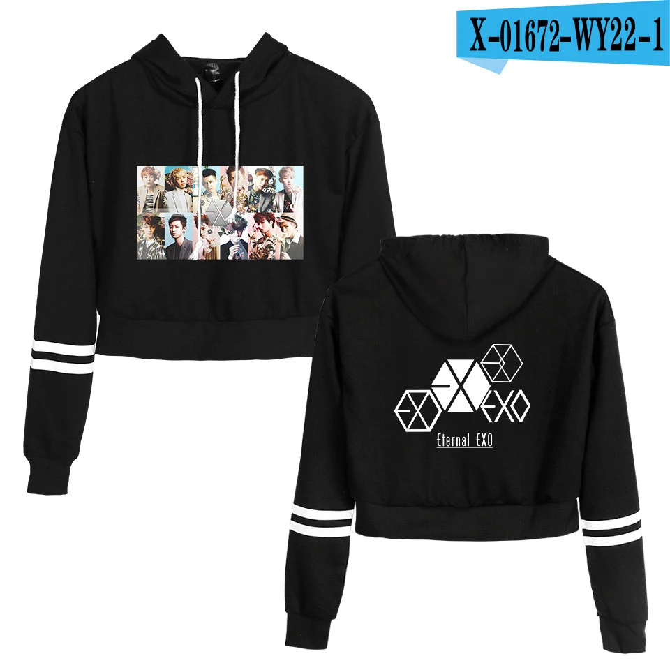 EXO Ablum одежда Kpop осенние женские толстовки Толстовка модная укороченная толстовка с капюшоном Dragon Ball Harajuku длинный рукав свободный пуловер - Цвет: black