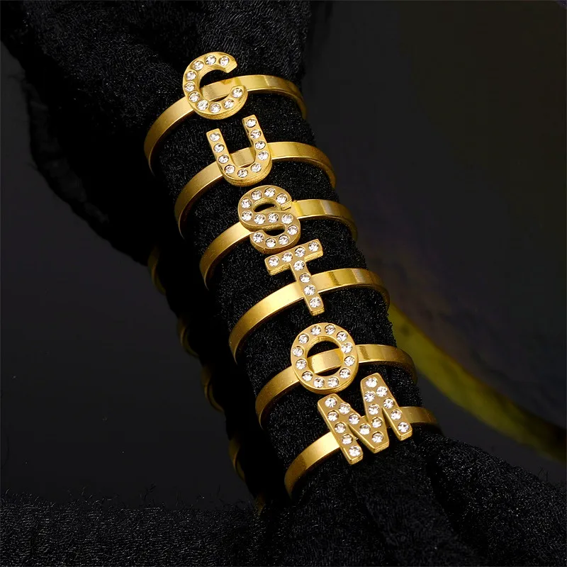 Az Letter Gold Adjustable Initial Name Rings For Women Alphabet Zircon