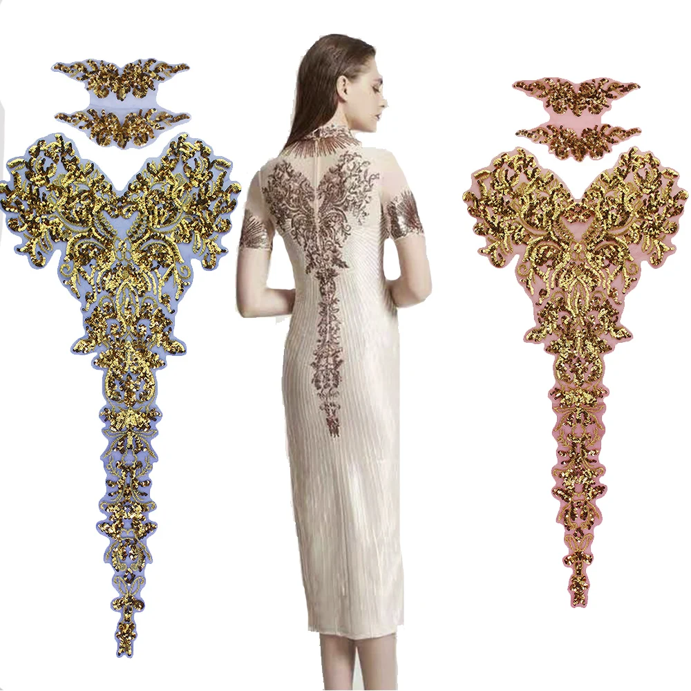 

Mesh Sequins Gold Thread Phoenix Pataches Cuff Collar Badges Embroidery Cloth Sew on Applique Dress Stage Decoration 1 set