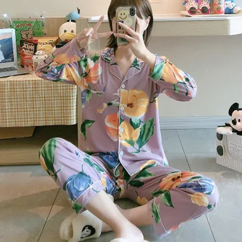 

Pajama Sets Women Long Sleeve 2XL Turn-down Collar Elegant Cardigans Sleepwear Womens Korean Style Printed Loose Simple Casual