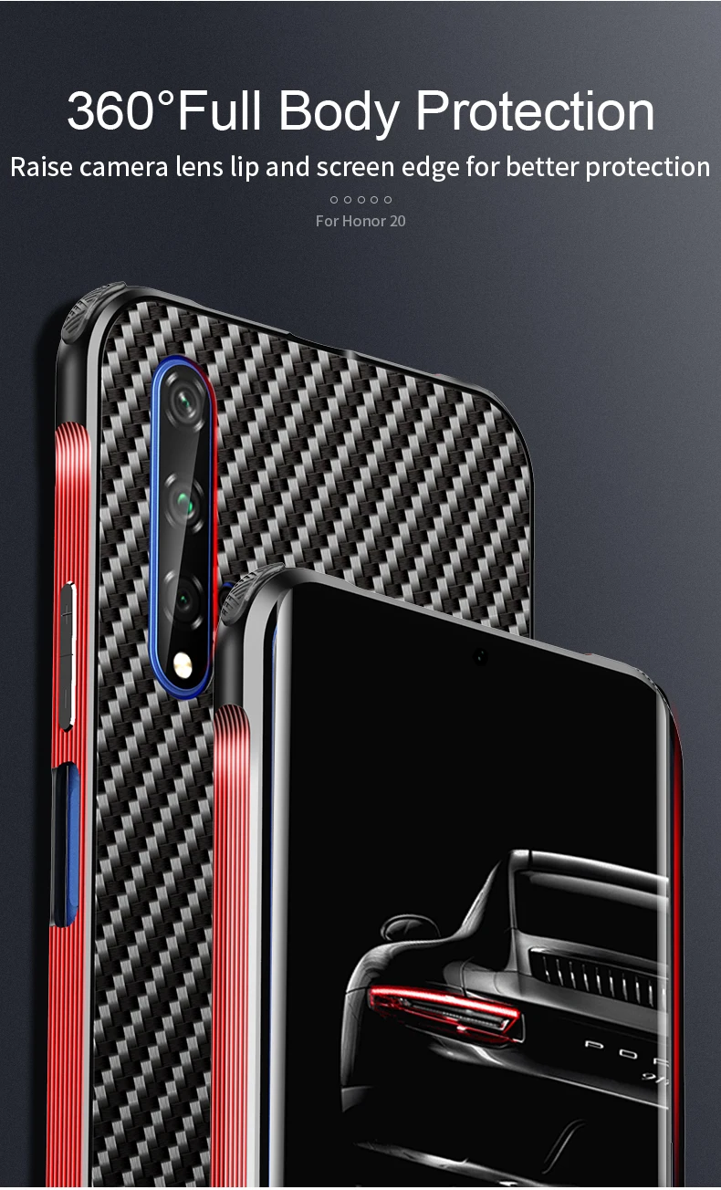 Роскошный Гибридный чехол для huawei Honor 20/20 Pro, Жесткий Чехол из углеродного волокна, металлический бампер+ PC защитный чехол на заднюю панель