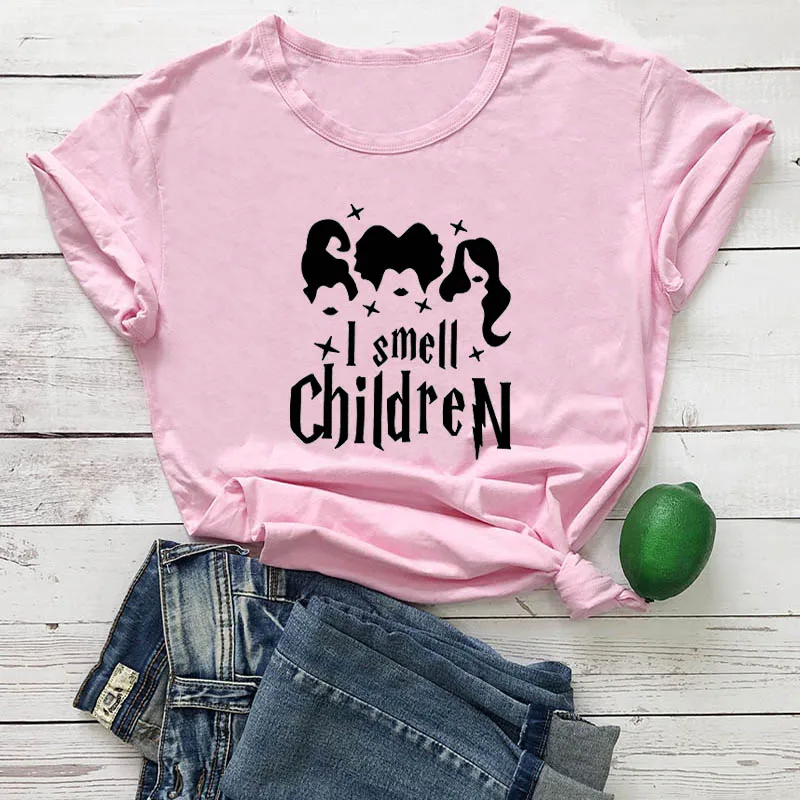 Новое поступление, Детская летняя забавная футболка унисекс из хлопка с принтом «I Smell» рубашка на Хэллоуин рубашка для отдыха - Цвет: pink-black text