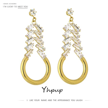 

Yhpup kpop Delicate Cubic Zirconia Dangle Earrings for Women Charm Gold Metal Geometric Copper Earrings Aros Mujer Oreja Gift