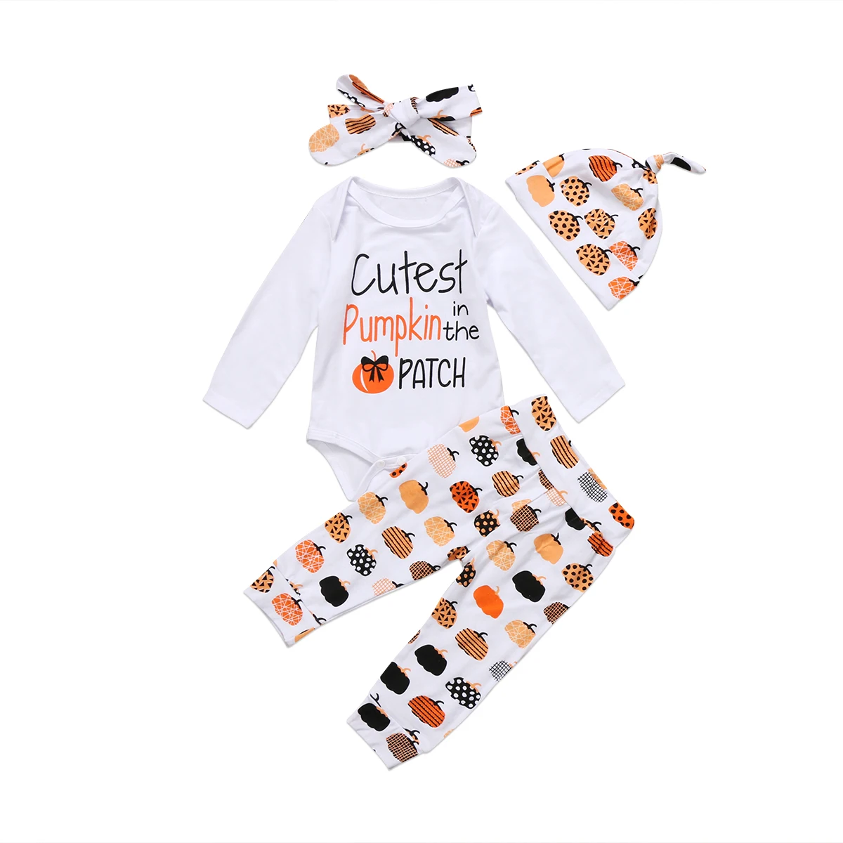 Newborn Baby Halloween Costume Clothes Infant Girls Boys Letter Long Sleeve Romper+Print Pants+Hat+Headband 4pcs Toddler Outfit