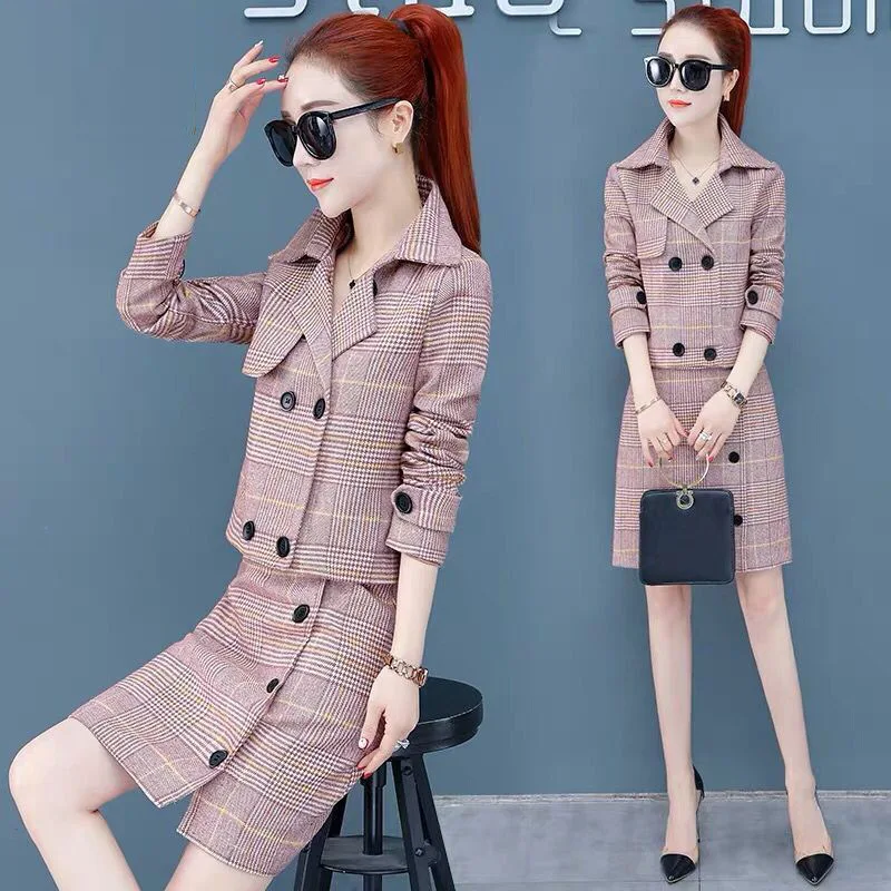 

Spring Clothing Short-Style Elegant Dress Outfit 2019 New Style Korean-style Spring Graceful Checkered Two-Piece Set WOMEN'S Dre