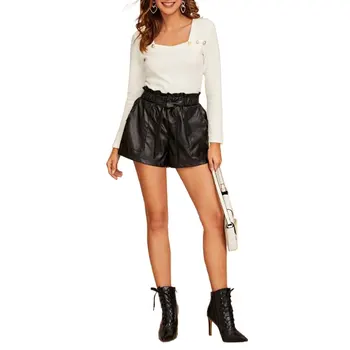 

Sexy Office Lady Womens PU Leather Wet Look High Waist Paper Bag Hot Belted Shorts with Pockets Evening Party Clubwear