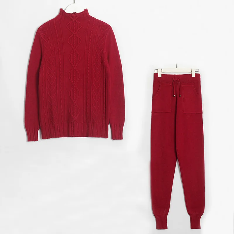 Wine Red Wixra, женский свитер, костюмы и комплект, Повседневный свитер с высоким воротом и штаны, 2 предмета, спортивные костюмы, Длинные пуловеры+ брюки, комплекты верхней одежды - Цвет: Wine Red