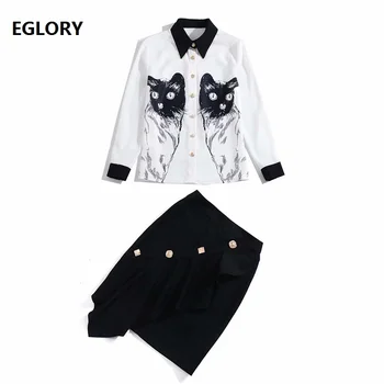 

Two Piece Set 2020 Spring Fashion Style Women Turn-down Collar Cute Animal Print Long Sleeve Shirts+Golden Button Ruffle Skirts