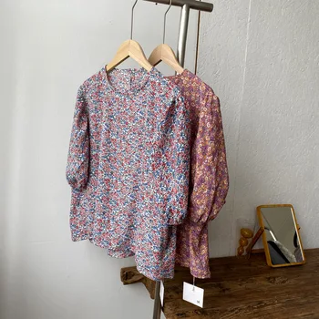 

Korean Retro Floral Chiffon Shirt Women's Round Neck Puff Sleeve Shirt