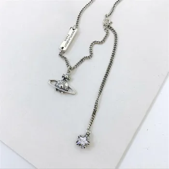 

New Personality Universe Planet Female 925 Sterling Silver Jewelry Retro Long Tassel Five-pointed Star Diamond Necklaces H248