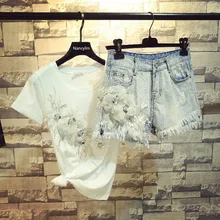 2020 Summer New Fashion Flowers T-shirt White Tee + Denim Jean Shorts Twopiece Set Women Ripped Hole Jeans Sets Female Outfit