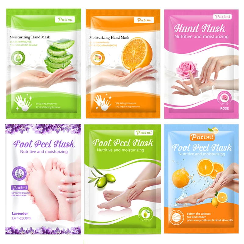 

3 Pack Whitening Hand Mask Soften Drying Skin Moisturizing Smooth Hands Gloves and 3 Pack Exfoliating Foot Mask Pedicure Socks