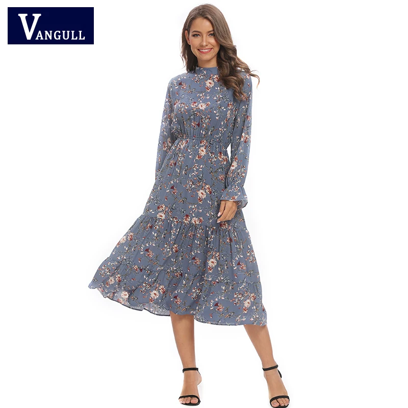 

Vangull New Floral Chiffon blue Dress Crew neck Long Sleeve Lotus leaf Elastic high waist Mid-length A-line Chic Feminine Dress