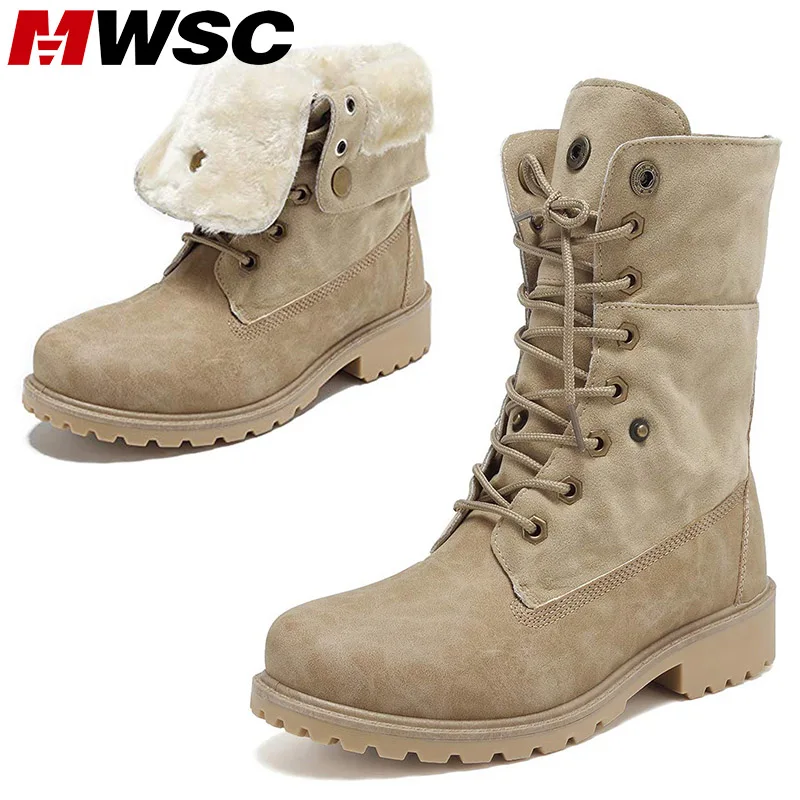 

MWSC Women Mid-calf Warm Boots Outdoor Waterproof PU Leather Boots Short Plush Warm Snow Boots Shoe Anti-slip Casual Shoes Women