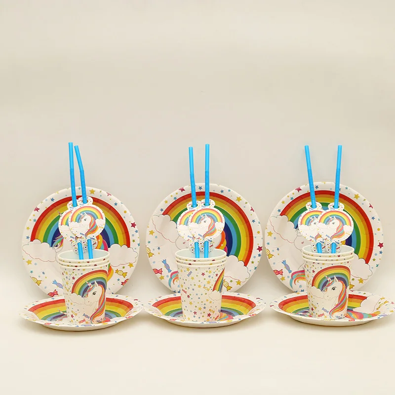 54pcs/lot Plate+Cup+Straw Birthday Party Supplies Decoration Unicorn Theme High-quality Disposable Tableware Set Cartoon animal
