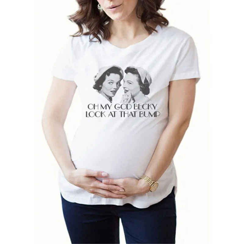

Bump Europe And America Maternity Clothes Hot Selling Fun English Two WOMEN'S Avatar Printed White Short Sleeved Crew Neck Sleev