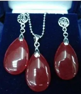 

FREE SHIPPING Natural Set Jewelry red jade teardrop jade pendant earring +Chain AAA style 100% Natural jade Noble Fine jewelry