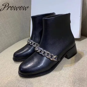 

Ollymurs New Genuine Leather Round Toe Metal Chain Ankle Boots Zip Back Thick Heel Low Heel Autumn Winter Boots Shoes Women