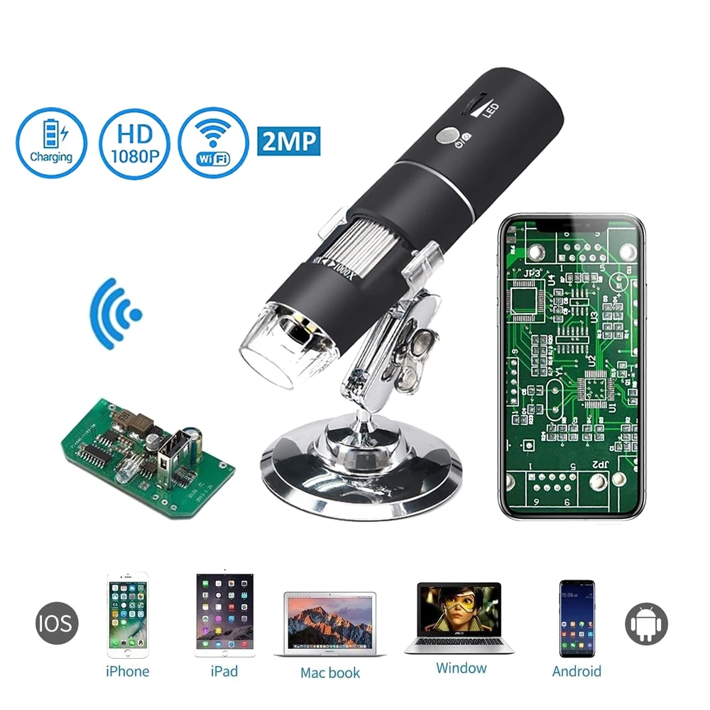 1080P WIFI цифровой микроскоп 1000X зум Камера IOS Android Iphone Windows электронный 8 LED свет