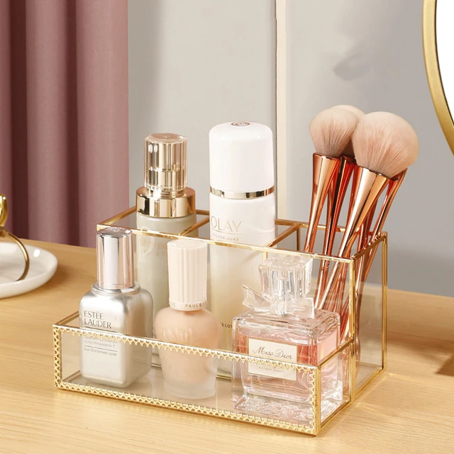 Fashion Gold Glass Makeup Organizer Lipstick Holder Perfume Organizer  Desktop Jewelry Cosmetic Drawer Storage Box Display