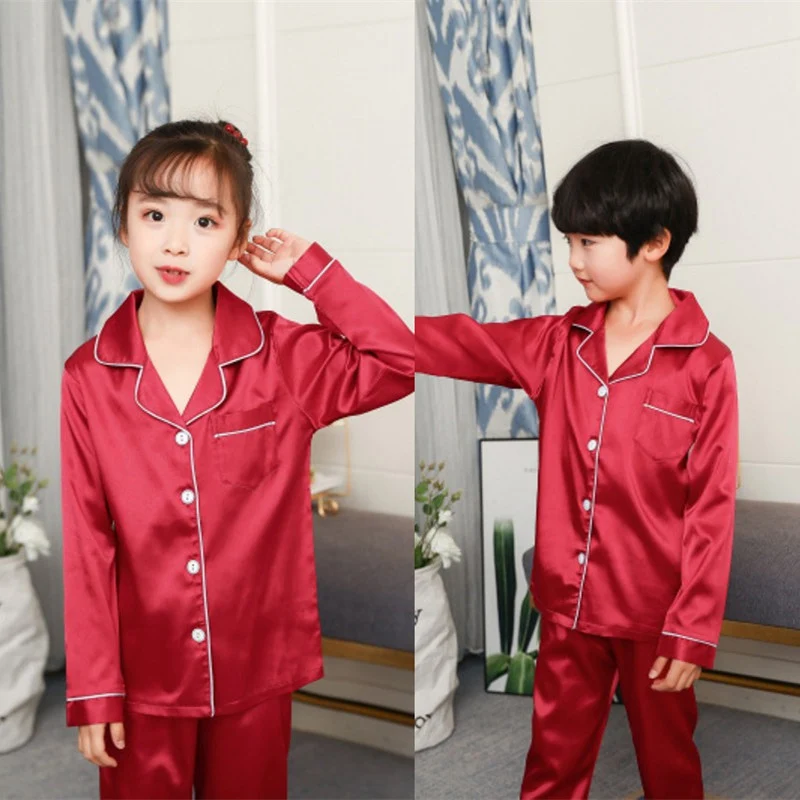 Childrens Boys Girls Ice Silk Pajamas Cardigan Long-sleeved Sleepwear Nightgown