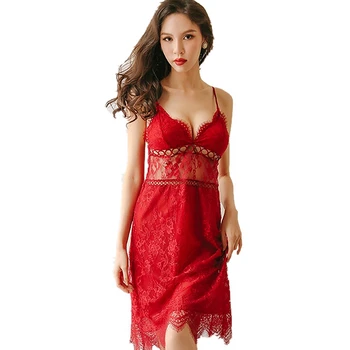 

Lace Lingerie Dress Women Nightgown Sleepwear V-neck See Though Night Dress Hollow Honeymoon Women Clothing Lady Long Gown Black