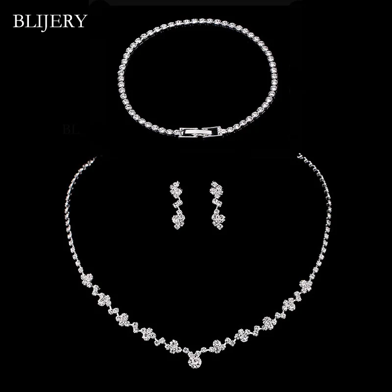 Style 2 BLIJERY Модные наборы свадебных ювелирных изделий с кристаллами серебряное геометрическое ожерелье серьги браслет свадебные ювелирные наборы - Окраска металла: Style 2