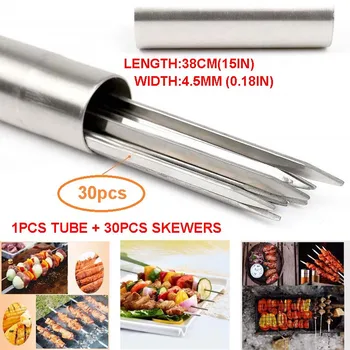 

40CM Barbecue Skewers Stainless Steel Flat BBQ Grill Skewer+Storage Tube Reusable Needle Sticks for Shish kabob Grill Skewers