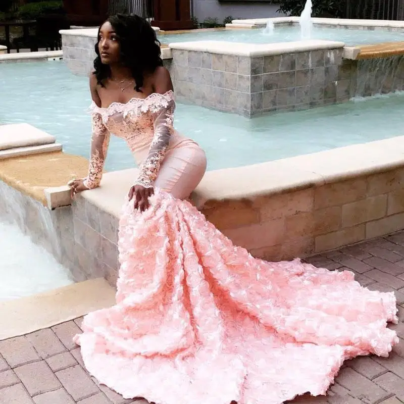 Gorgeous Pink Mermaid Prom Dresses Lace Off Shoulder Long Sleeves Evening  Gowns Ruched Flower Long Train South African Formal - Evening Dresses -  AliExpress