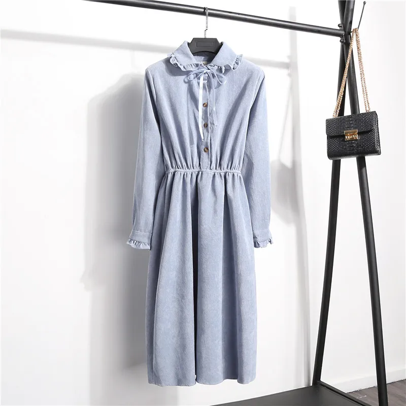 Auumn winter dress women long-sleeved ruffled bow corduroy dress french style vintage elastic waist single-breasted dress female