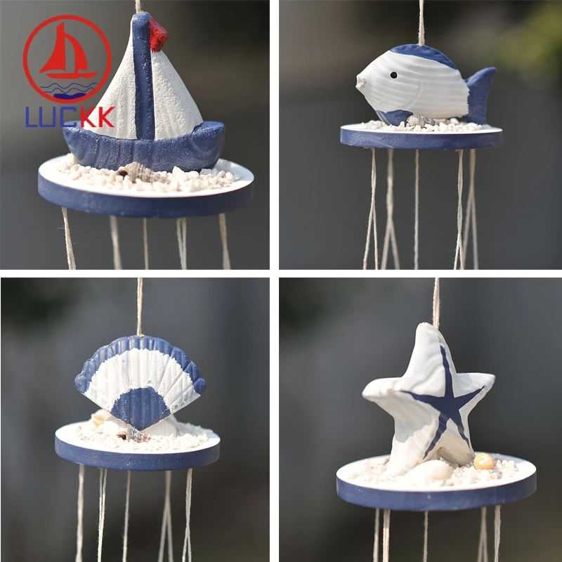 LUCKK Mediterranean Style Wood Wind Chime Fish/Ship/Starfish/Shell Creative Nordic Wedding Room Home Decor Marine Hanging Gifts
