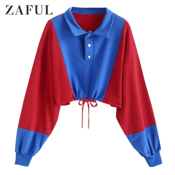 

ZAFUL Button Cropped Sweatshirt Women Shirt Collar Long Sleeve Spring Autumn Button Pullovers Crop Top Drawstring Short T-Shirts