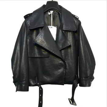 

Loose Office Lady Women Faux Leather Jacket Fashion Solid Winter Jacket Turn-down Collar Motorcycle PU Leather Coat